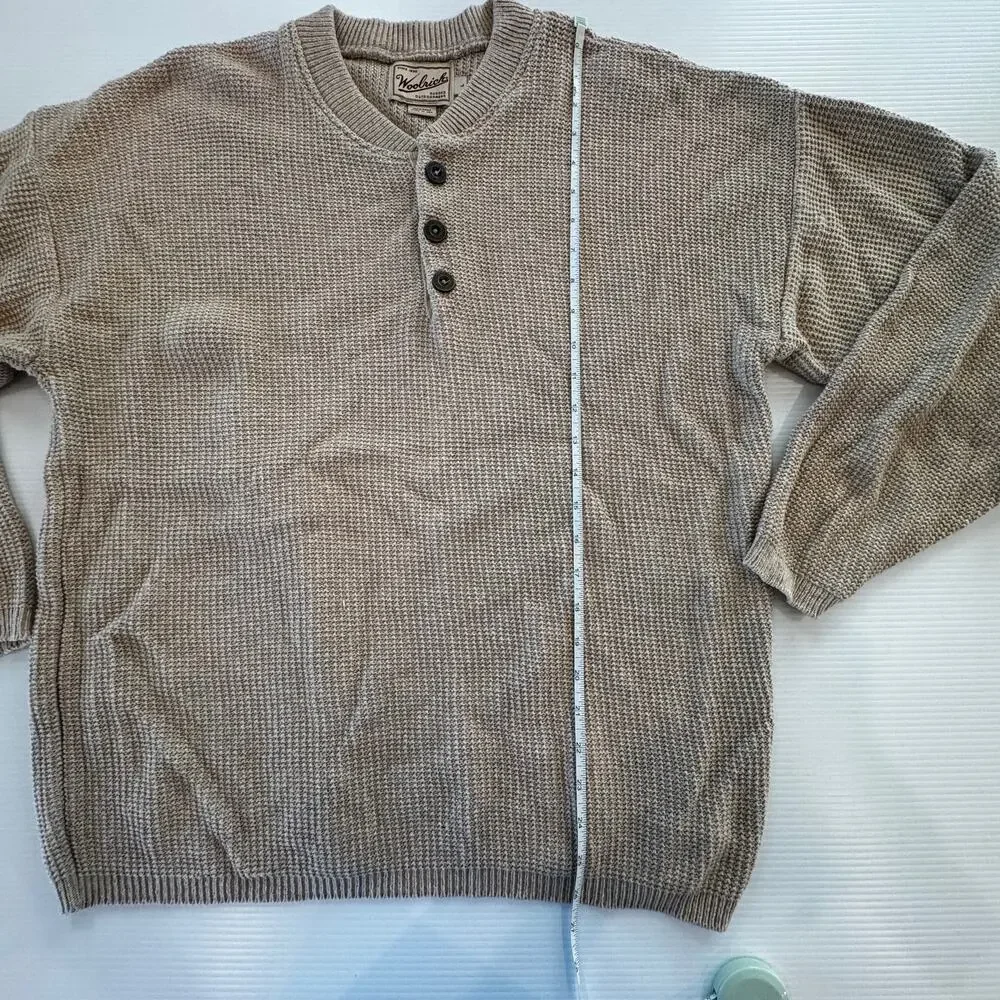 Woolrich Henley Sweater Men's L Oatmeal Beige Waffle Knit Thermal Cotton Cozy